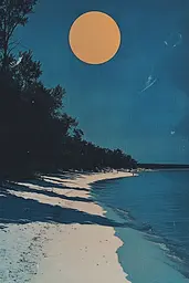 Midjourney generated image using SREF code Psychedelic Quiver: A picture of a beach with a full moon in the sky.