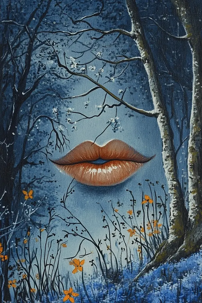 Midjourney generated image using SREF code Nebula Drift: A painting of a woman's lips in the woods.