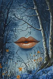 Midjourney generated image using SREF code Nebula Drift: A painting of a woman's lips in the woods.