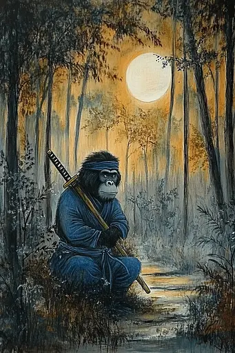 Midjourney generated image using SREF code Nebula Drift: A painting of a gorilla sitting in the woods with a sword.