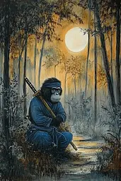 Midjourney generated image using SREF code Nebula Drift: A painting of a gorilla sitting in the woods with a sword.