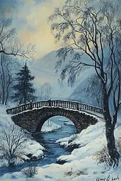 Midjourney generated image using SREF code Nebula Drift: A painting of a bridge over a stream in the snow.