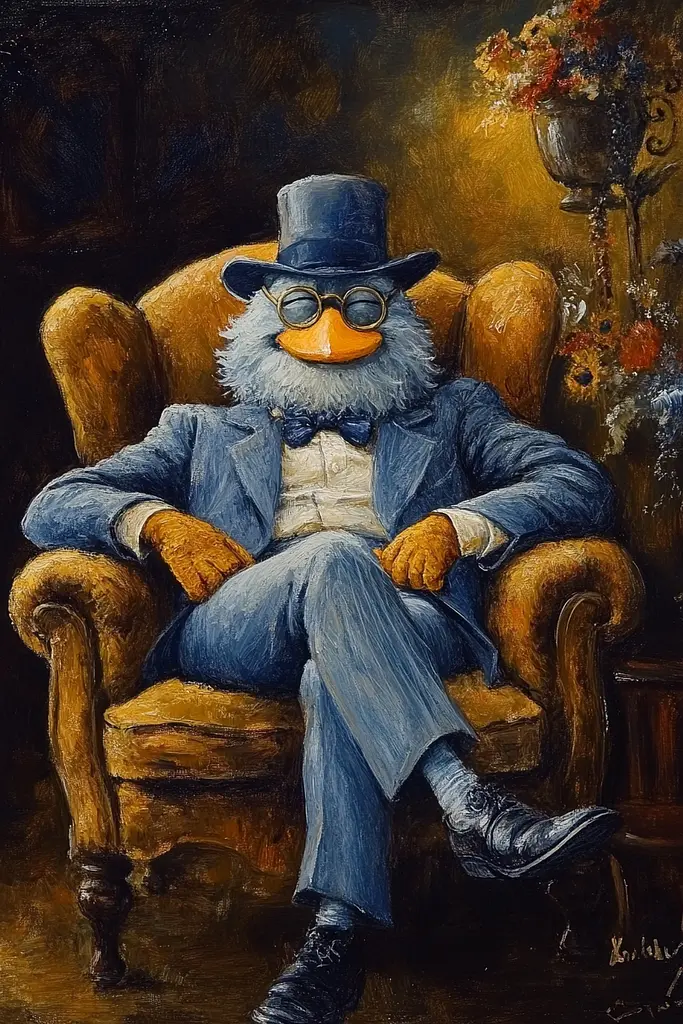 Midjourney generated image using SREF code Nebula Drift: A painting of a duck in a suit and top hat sitting in a chair.