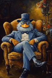 Midjourney generated image using SREF code Nebula Drift: A painting of a duck in a suit and top hat sitting in a chair.