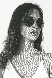 Midjourney generated image using SREF code Cosmic Contours: A black and white photo of a woman wearing sunglasses.