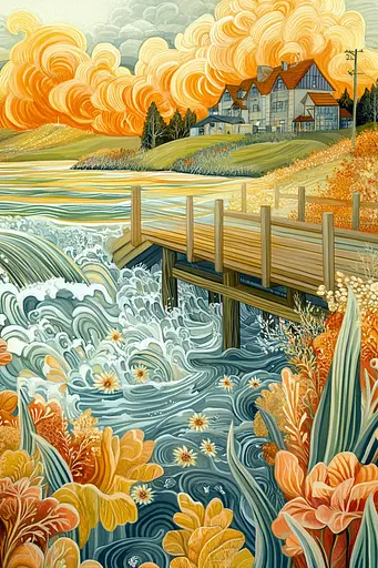 Midjourney generated image using SREF code Cosmic Botanica: A painting of a wooden bridge over a body of water.