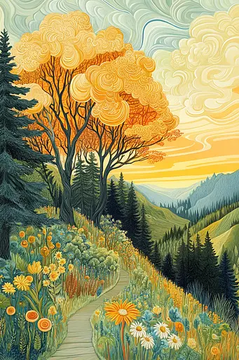 Midjourney generated image using SREF code Cosmic Botanica: A painting of a path through a field of flowers.