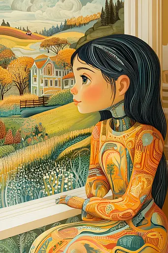 Midjourney generated image using SREF code Cosmic Botanica: A painting of a girl looking out a window.