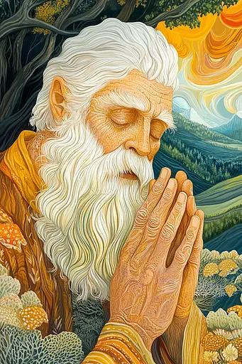 Midjourney generated image using SREF code Cosmic Botanica: A painting of an old man with a white beard and a long white beard.