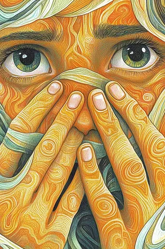Midjourney generated image using SREF code Cosmic Botanica: A painting of a woman covering her face with her hands.