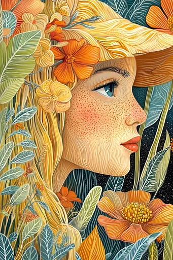 Midjourney generated image using SREF code Cosmic Botanica: A painting of a woman with flowers in her hair.