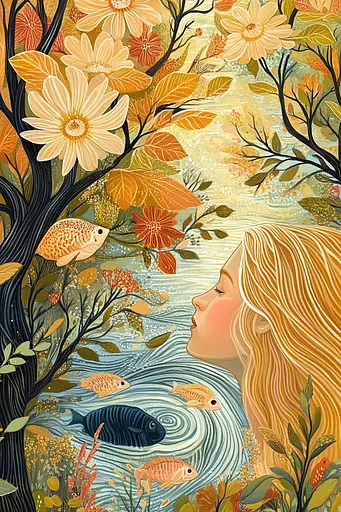Midjourney generated image using SREF code Cosmic Botanica: A painting of a woman looking at fish in a pond.