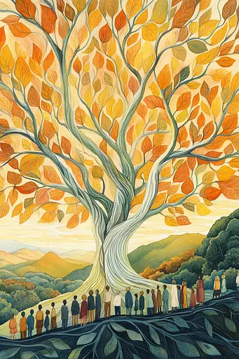 Midjourney generated image using SREF code Cosmic Botanica: A painting of a group of people standing in front of a tree.