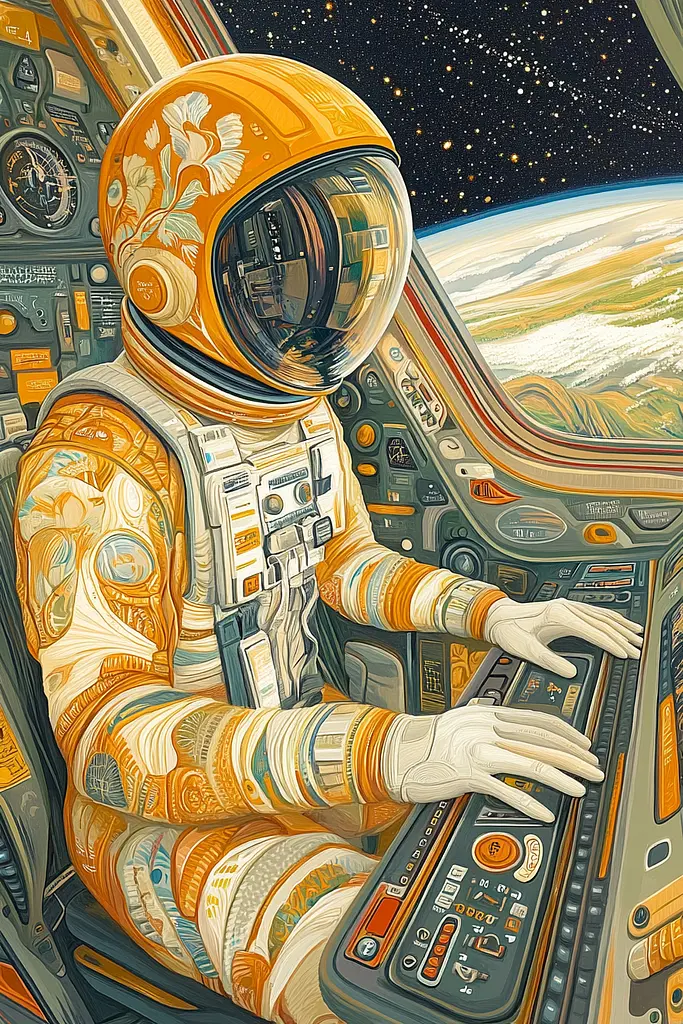 Midjourney generated image using SREF code Cosmic Botanica: A painting of an astronaut sitting in the cockpit of a spaceship.