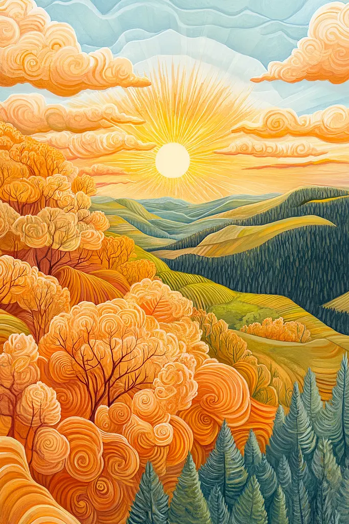 Midjourney generated image using SREF code Cosmic Botanica: A painting of a sunset over a mountain range.