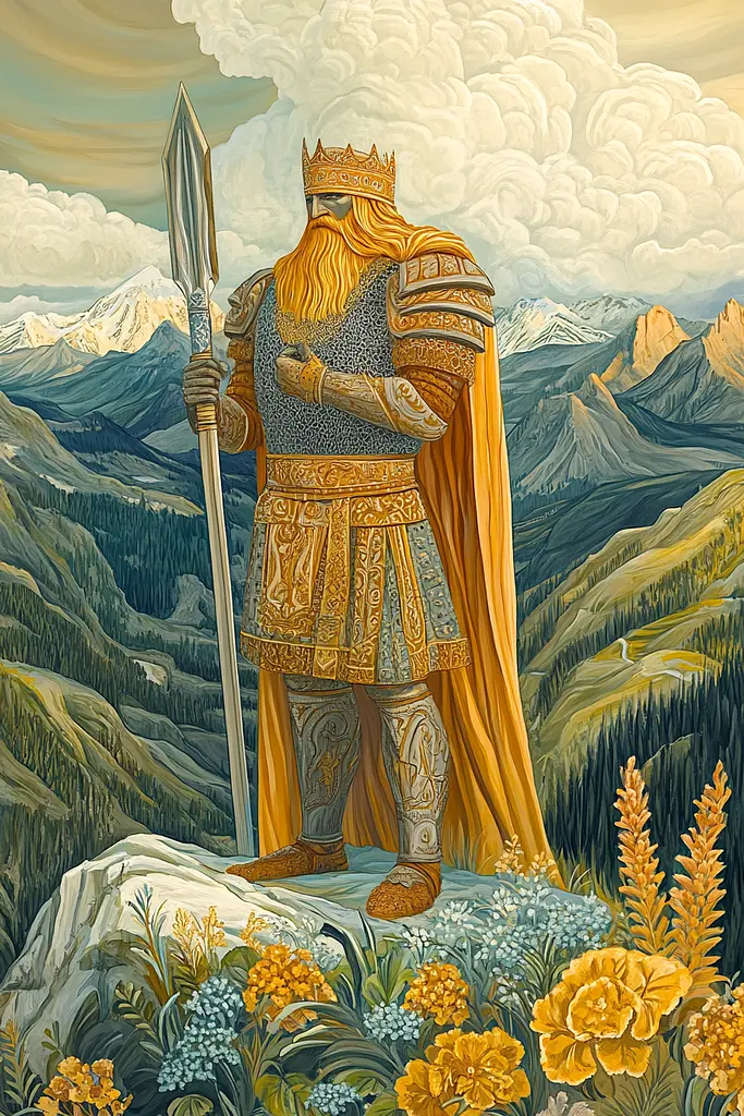 Midjourney generated image using SREF code Cosmic Botanica: A painting of a man in armor standing on top of a mountain.