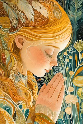 Midjourney generated image using SREF code Cosmic Botanica: A painting of a girl with her hands clasped in prayer.