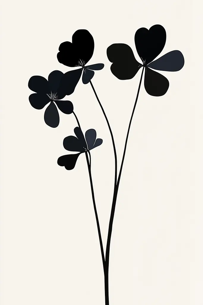 Midjourney generated image using SREF code ShadowKaleidoscope: A black and white illustration of three flowers on a stem.