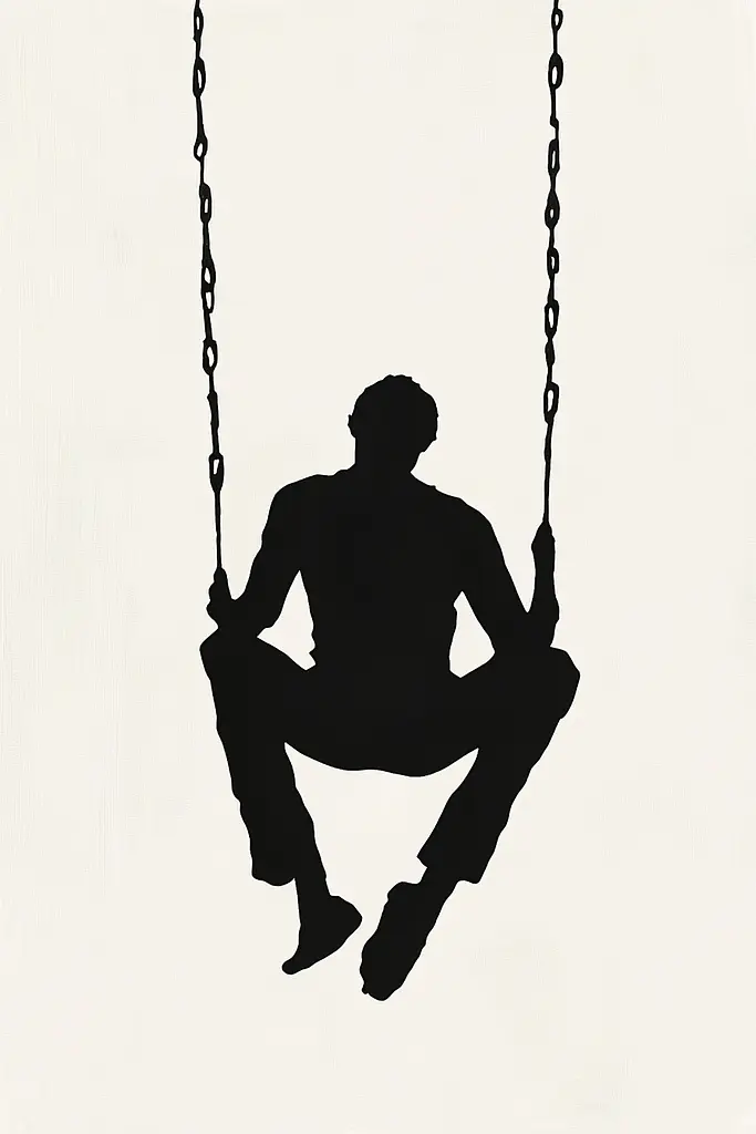 Midjourney generated image using SREF code ShadowKaleidoscope: A silhouette of a man sitting on a swing.