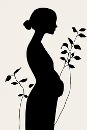 Midjourney generated image using SREF code ShadowKaleidoscope: A silhouette of a pregnant woman holding a plant.