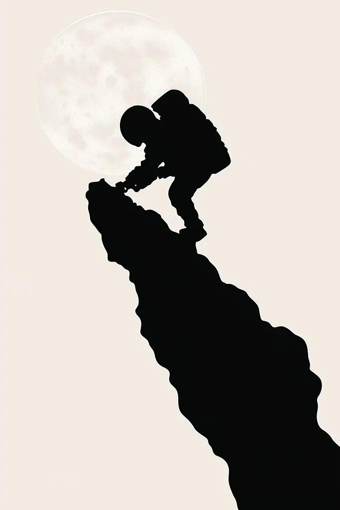 Midjourney generated image using SREF code ShadowKaleidoscope: A silhouette of a person climbing up a mountain with a full moon in the background.