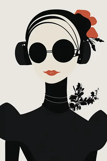 Midjourney generated image using SREF code ShadowKaleidoscope: A woman in a black dress with headphones and sunglasses.