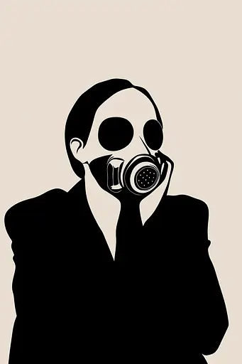 Midjourney generated image using SREF code ShadowKaleidoscope: A man in a suit with a gas mask on his face.