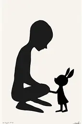 Midjourney generated image using SREF code ShadowKaleidoscope: A black and white silhouette of a person kneeling down with a rabbit.