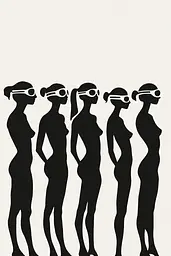 Midjourney generated image using SREF code ShadowKaleidoscope: A group of silhouettes of a woman wearing goggles.