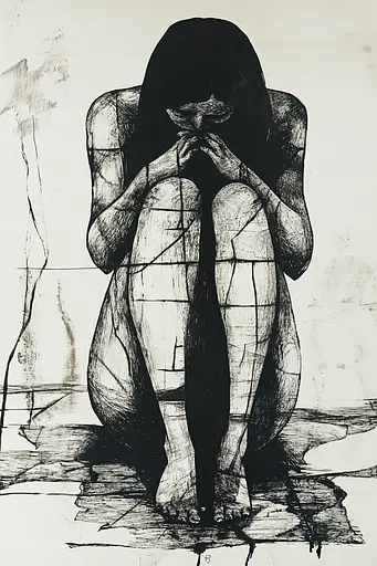 Midjourney generated image using SREF code Fractured Dissonance: A black and white drawing of a woman sitting on the ground.