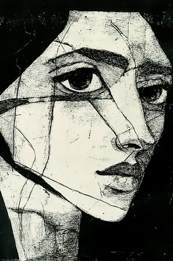 Midjourney generated image using SREF code Fractured Dissonance: A black and white drawing of a woman's face.