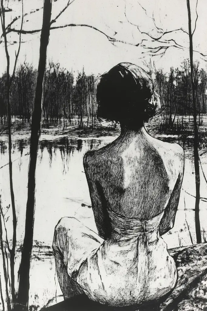 Midjourney generated image using SREF code Fractured Dissonance: A black and white drawing of a woman sitting on a log by a lake.