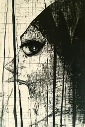 Midjourney generated image using SREF code Fractured Dissonance: A black and white drawing of a woman's face.