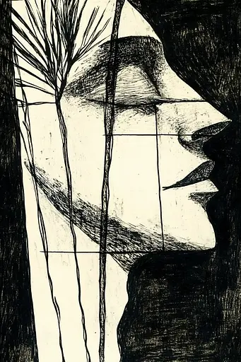 Midjourney generated image using SREF code Fractured Dissonance: A black and white drawing of a woman's face.