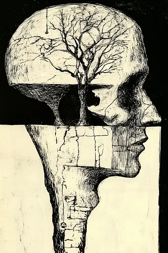 Midjourney generated image using SREF code Fractured Dissonance: A drawing of a human head with a tree growing out of it.