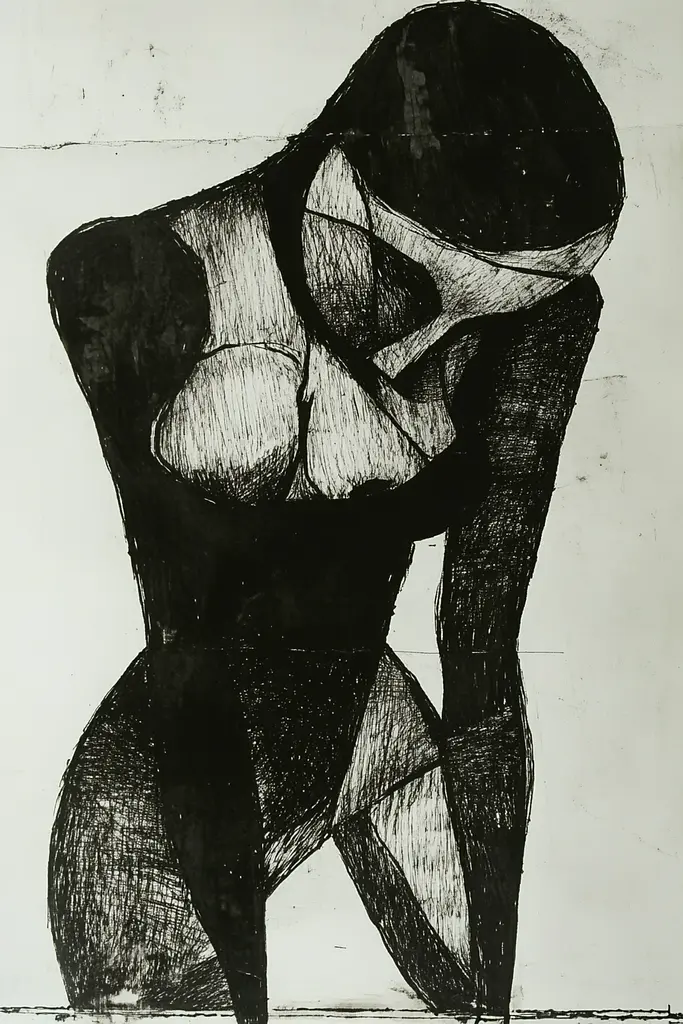 Midjourney generated image using SREF code Fractured Dissonance: A black and white drawing of a nude woman.