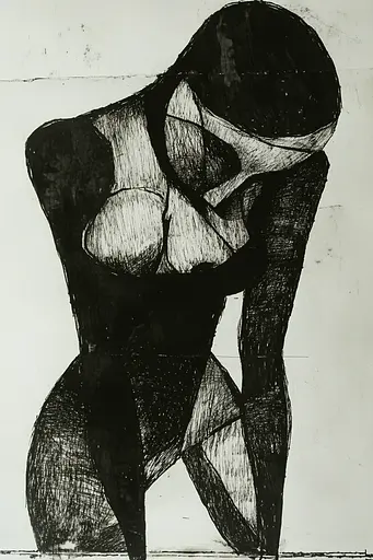 Midjourney generated image using SREF code Fractured Dissonance: A black and white drawing of a nude woman.