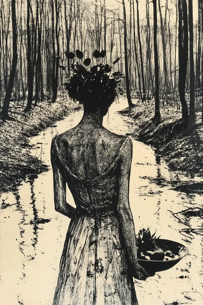 Midjourney generated image using SREF code Fractured Dissonance: A black and white drawing of a woman walking down a path in the woods.