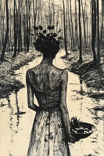 Midjourney generated image using SREF code Fractured Dissonance: A black and white drawing of a woman walking down a path in the woods.