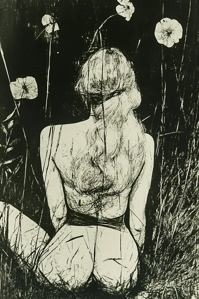 Midjourney generated image using SREF code Fractured Dissonance: A black and white drawing of a woman sitting in the grass.