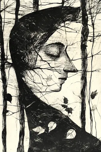 Midjourney generated image using SREF code Fractured Dissonance: A black and white drawing of a woman's face in the woods.