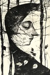 Midjourney generated image using SREF code Fractured Dissonance: A black and white drawing of a woman's face in the woods.