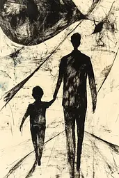 Midjourney generated image using SREF code Fractured Dissonance: A black and white drawing of a man and a child holding hands.