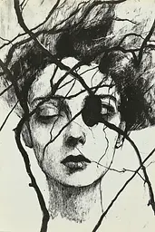 Midjourney generated image using SREF code Fractured Dissonance: A black and white drawing of a woman's face surrounded by branches.