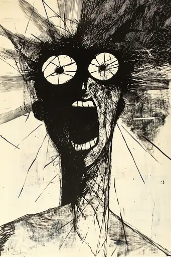 Midjourney generated image using SREF code Fractured Dissonance: A black and white drawing of a man with his mouth open.