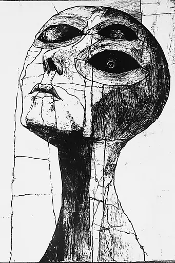 Midjourney generated image using SREF code Fractured Dissonance: A black and white drawing of a woman's face.