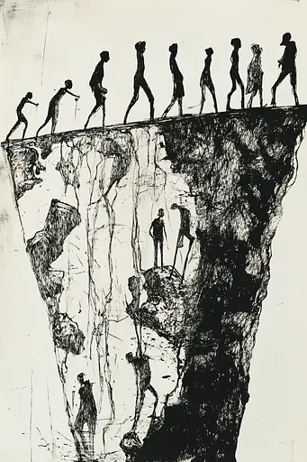 Midjourney generated image using SREF code Fractured Dissonance: A black and white drawing of a group of people walking on a cliff.