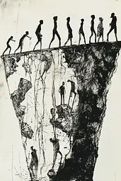 Midjourney generated image using SREF code Fractured Dissonance: A black and white drawing of a group of people walking on a cliff.