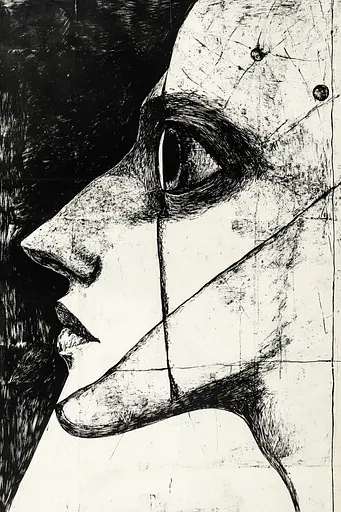 Midjourney generated image using SREF code Fractured Dissonance: A black and white drawing of a woman's face.