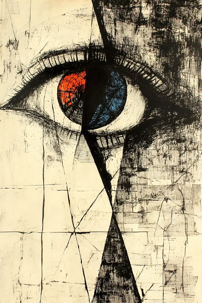 Midjourney generated image using SREF code Fractured Dissonance: A drawing of an eye on a piece of paper.